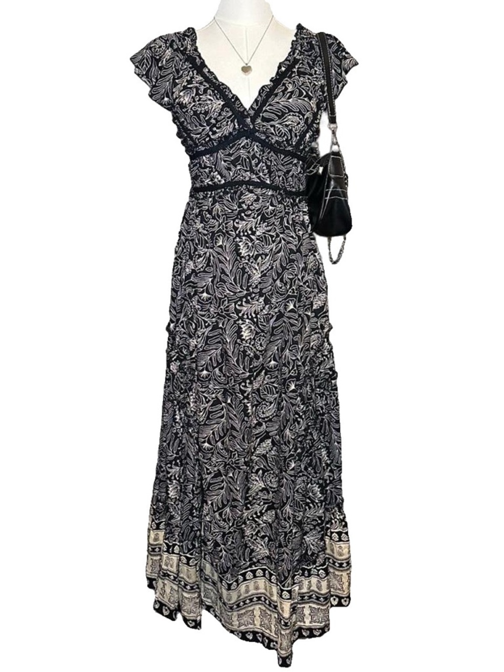 Angie Black & White Floral Printed V-Neck Maxi Dress Cottagecore Boho Festival